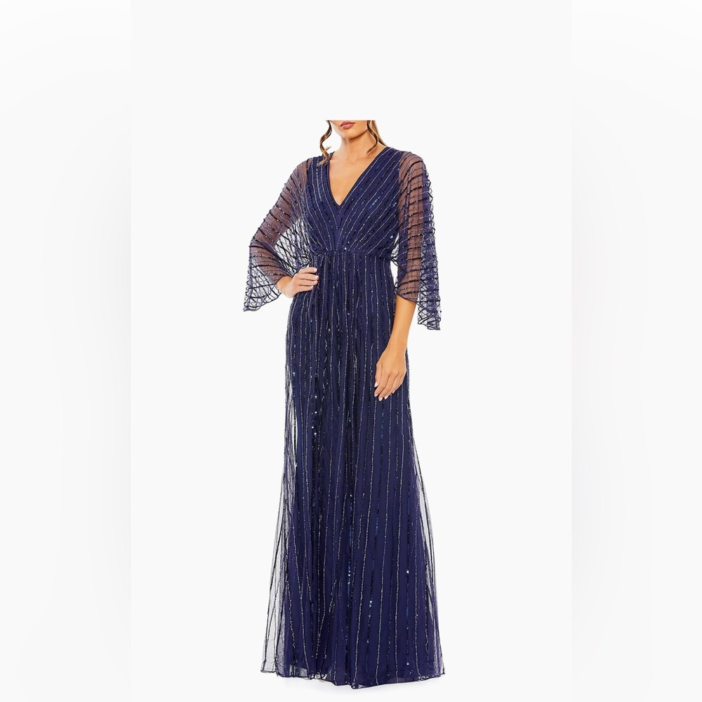 Mac Duggal Wide-Sleeve Sequin Beaded Navy Gown size 18